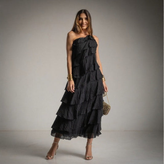 Vestido asimetrico con volantes negro