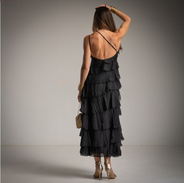 Vestido asimetrico con volantes negro Moda50