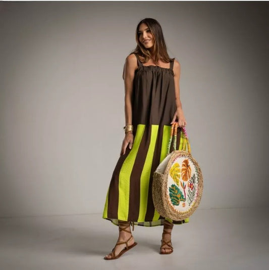 Vestido binomio chocolate con rayas lima