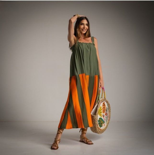 Vestido binomio kaki con rayas naranjas