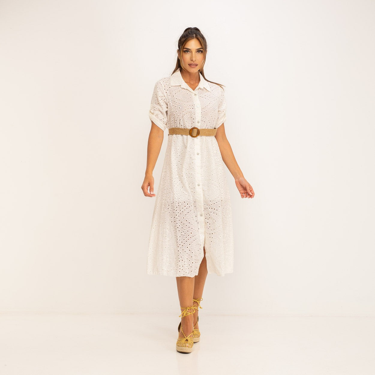 Vestido camisero blanco Calado con cinturón