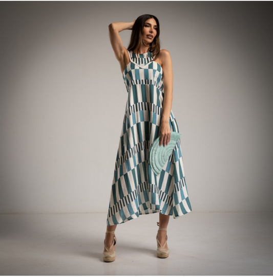 Vestido con estampado retro en tonos azules y verdes. muy original