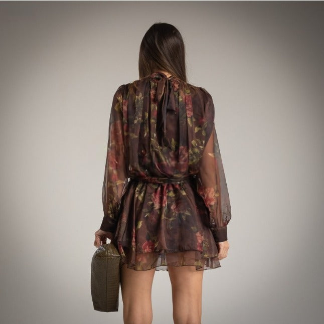 Vestido corto de fiesta efecto seda color chocolate estampado floral