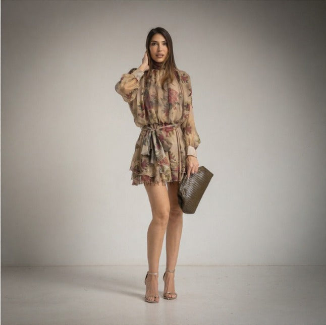 Vestido corto de fiesta efecto seda color oro estampado floral