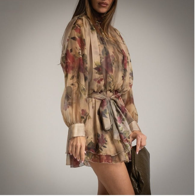 Vestido corto de fiesta efecto seda color oro estampado floral