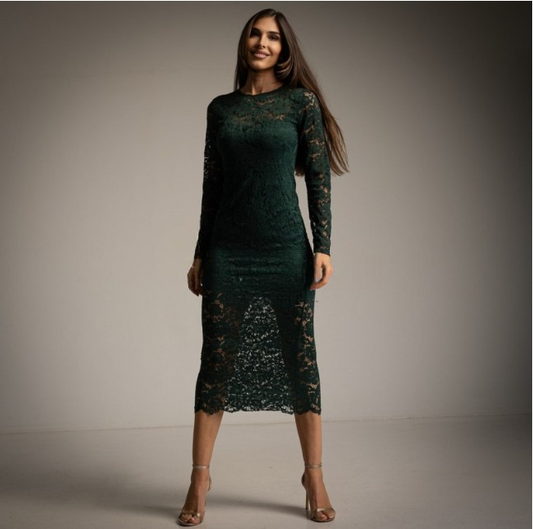 Vestido de Blonda Entallado Verde Esmeralda