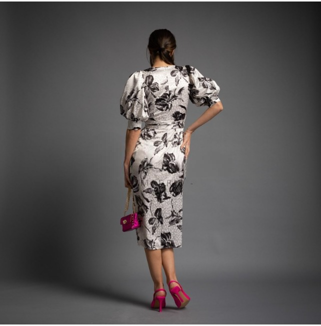 Vestido de Fiesta Satinado Jacquard Estampado Floral Blanco y Negro