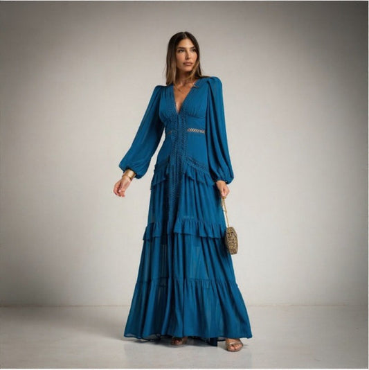 Vestido de Fiesta en gasa azul pato