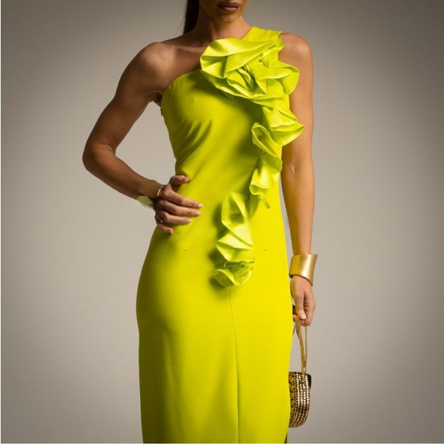Vestido de fiesta de corte sirena lima con volantes