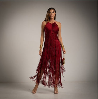 Vestido de fiesta de flecos burgundy