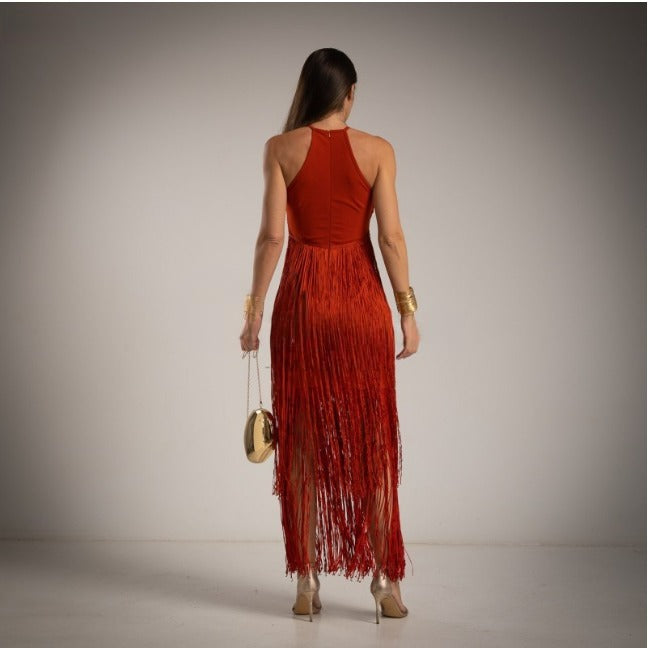 Vestido de fiesta de flecos teja