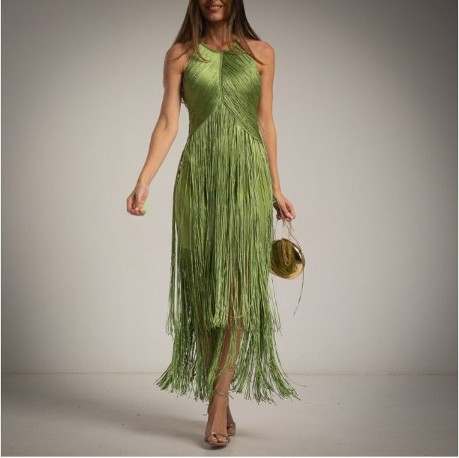 Vestido de fiesta de flecos verde oliva