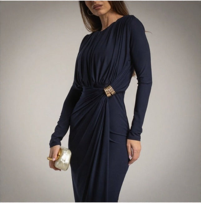 Vestido de fiesta drapeado azul marino
