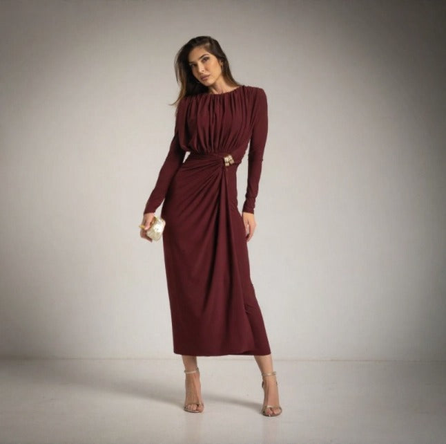 Vestido de fiesta drapeado burgundy