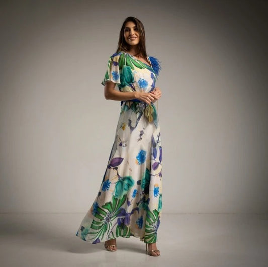 Vestido de gasa estampado floral azul, verde y morado