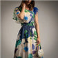 Vestido de gasa estampado floral azul, verde y morado de Ceremonia