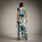 Vestido de gasa estampado floral azul, verde y morado de Ceremonia Asimétrico con plumas