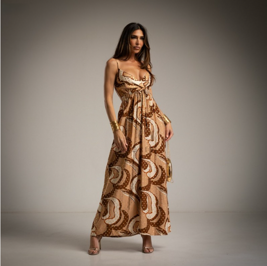 Vestido en tonos marrones con lunares dorados de lino con tirantes