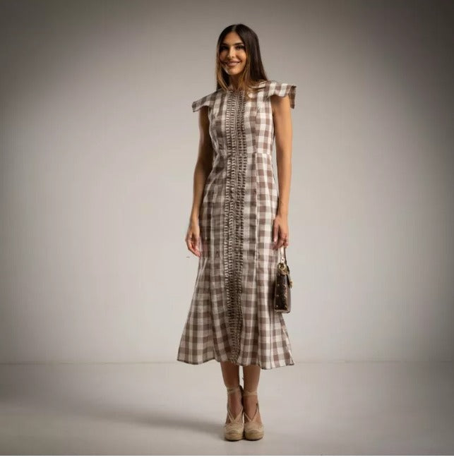 Vestido entallado estampado cuadros vichy beige
