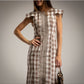 Vestido entallado estampado cuadros vichy beige