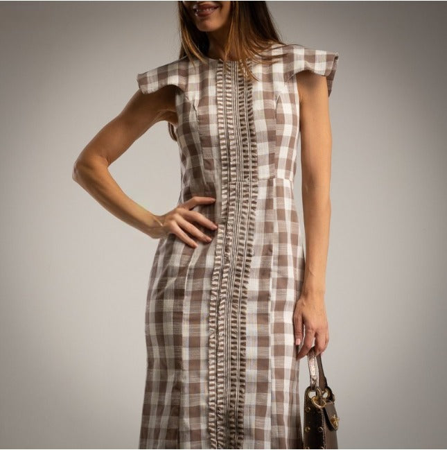 Vestido entallado estampado cuadros vichy beige