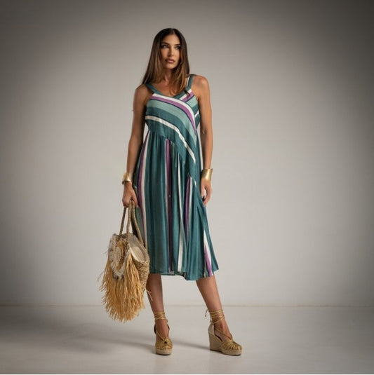 Vestido estampado a rayas azul empolvado y malva