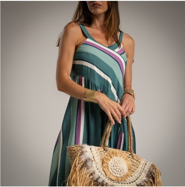 Vestido estampado a rayas azul empolvado y malva