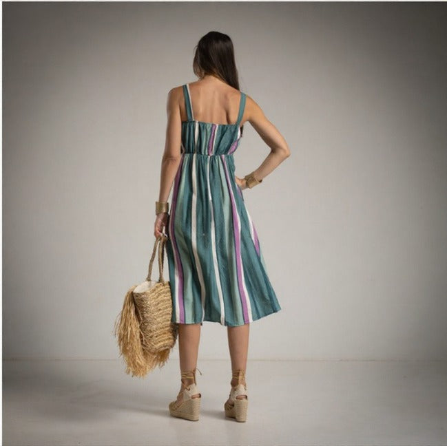 Vestido estampado a rayas azul empolvado y malva