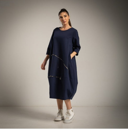 Vestido globo de algodon azul marino con cremalleras y manga francesa Moda50