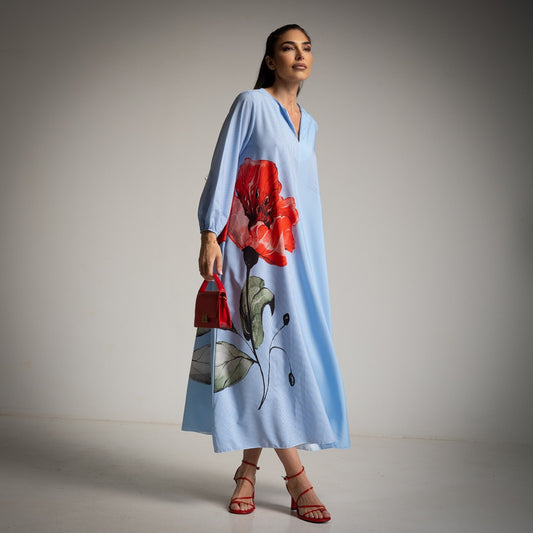 Vestido holgado azul estampado amapola 