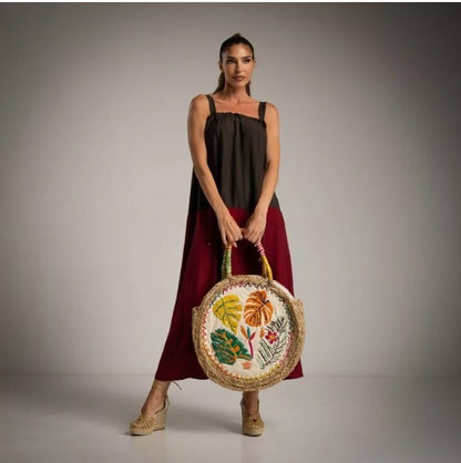 Vestido largo con tirantes binomio marron chocolate y burgundy