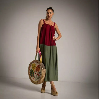 Vestido largo con tirantes binomio kaki y burgundy