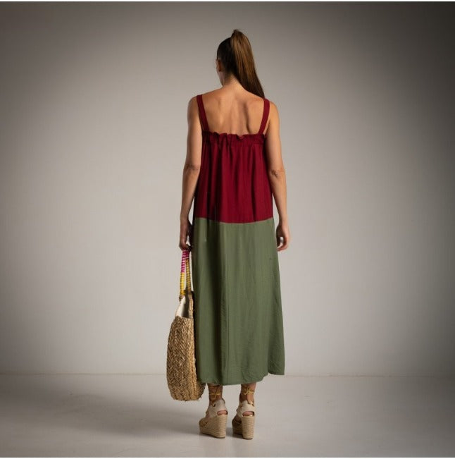 Vestido largo con tirantes binomio kaki y burgundy