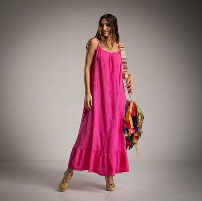Vestido largo de algodon con tirantes fucsia para playa