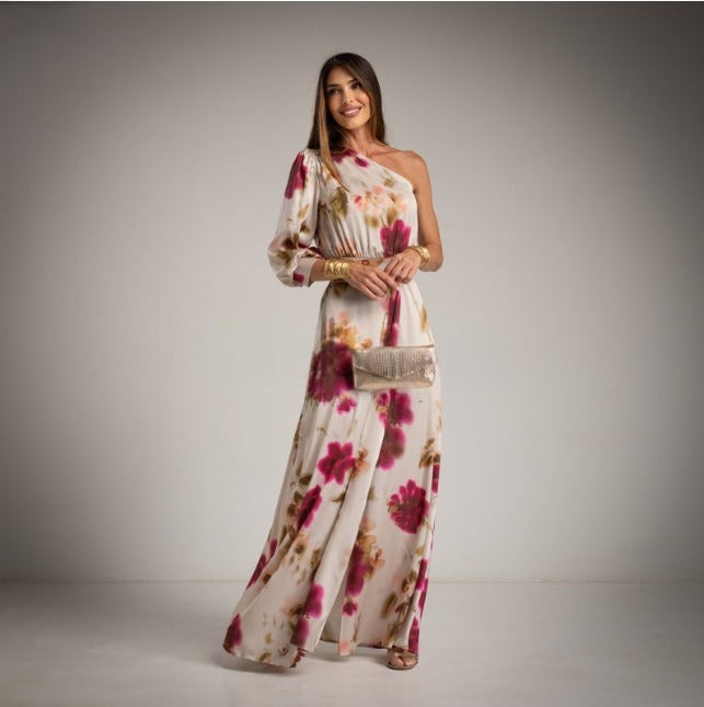 Vestido largo de fiesta blanco con lores fucsias