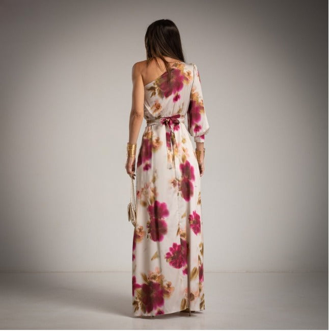 Vestido largo de fiesta blanco con lores fucsias