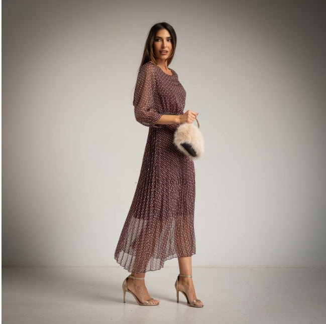 Vestido largo de gasa estampado retro burgundy con cinturon