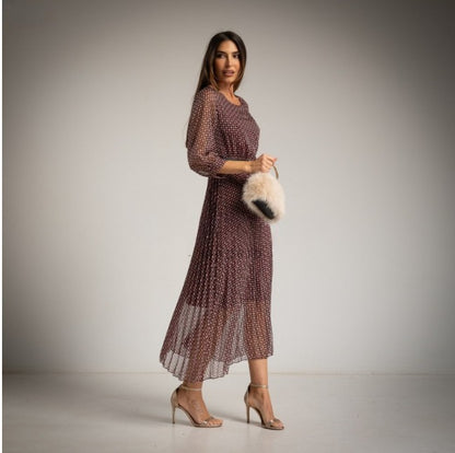 Vestido largo de gasa estampado retro burgundy con cinturon