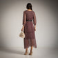 Vestido largo de gasa estampado retro burgundy con cinturon
