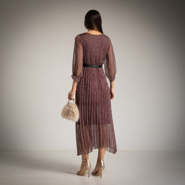 Vestido largo de gasa estampado retro burgundy con cinturon