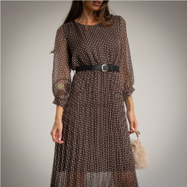 Vestido largo de gasa estampado retro marron chocolate con cinturon