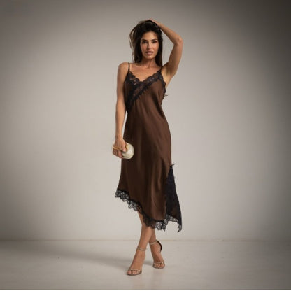 Vestido lencero marron chocolate asimetrico satinado