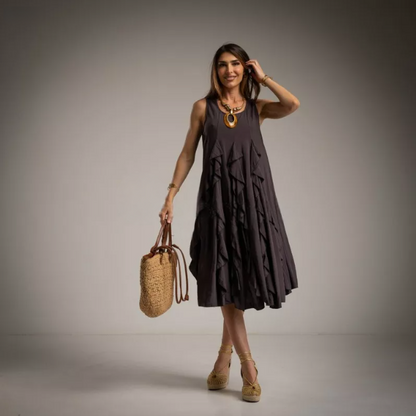 Vestido midi marron chocolate con godets en viscosa