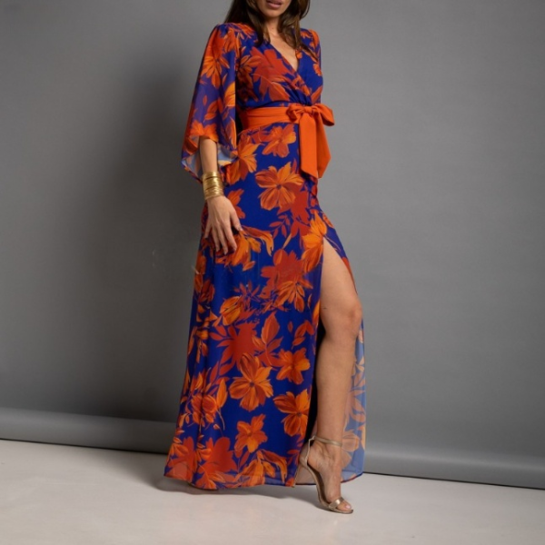 Vestido de Ceremonia Estampado Flores Azul y Naranja Tallas Grandes