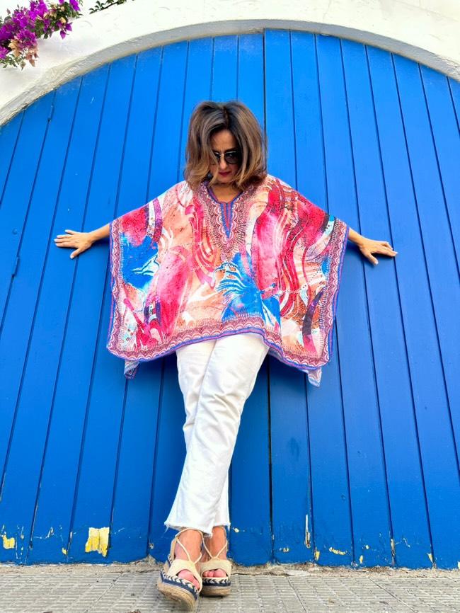 Kaftan Rojo y Azul con Pedrería