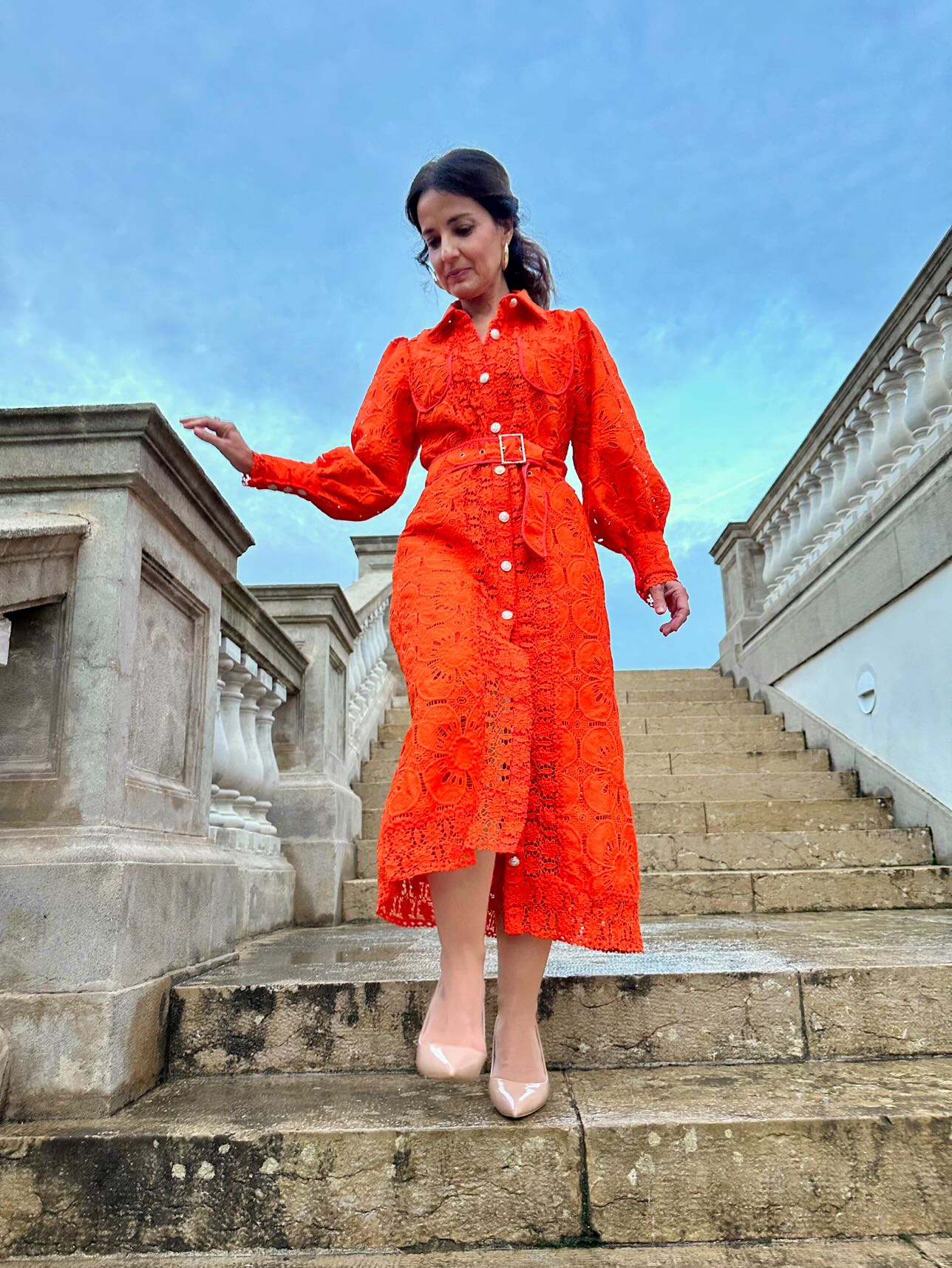 @carmenmodelosenior Vestido Camsero de Blonda Naranja 