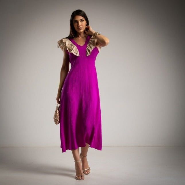 vestido tonos tierra con volantes buganvilla