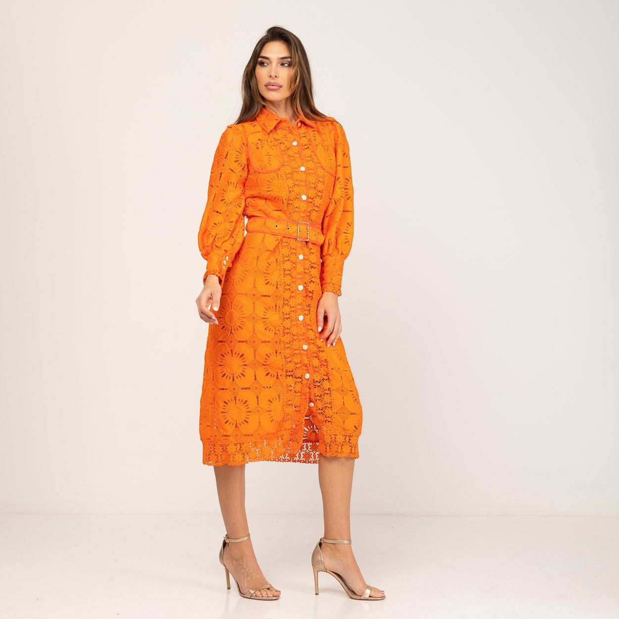 Vestido Camisero de Blonda Naranja botones dorados