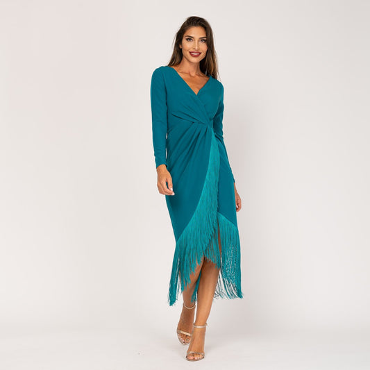 Vestido midi de fiesta azul con flecos