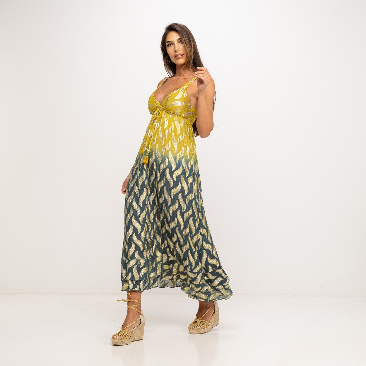 Vestido tay day de estilo boho estampado Amarillo Verde Dorado